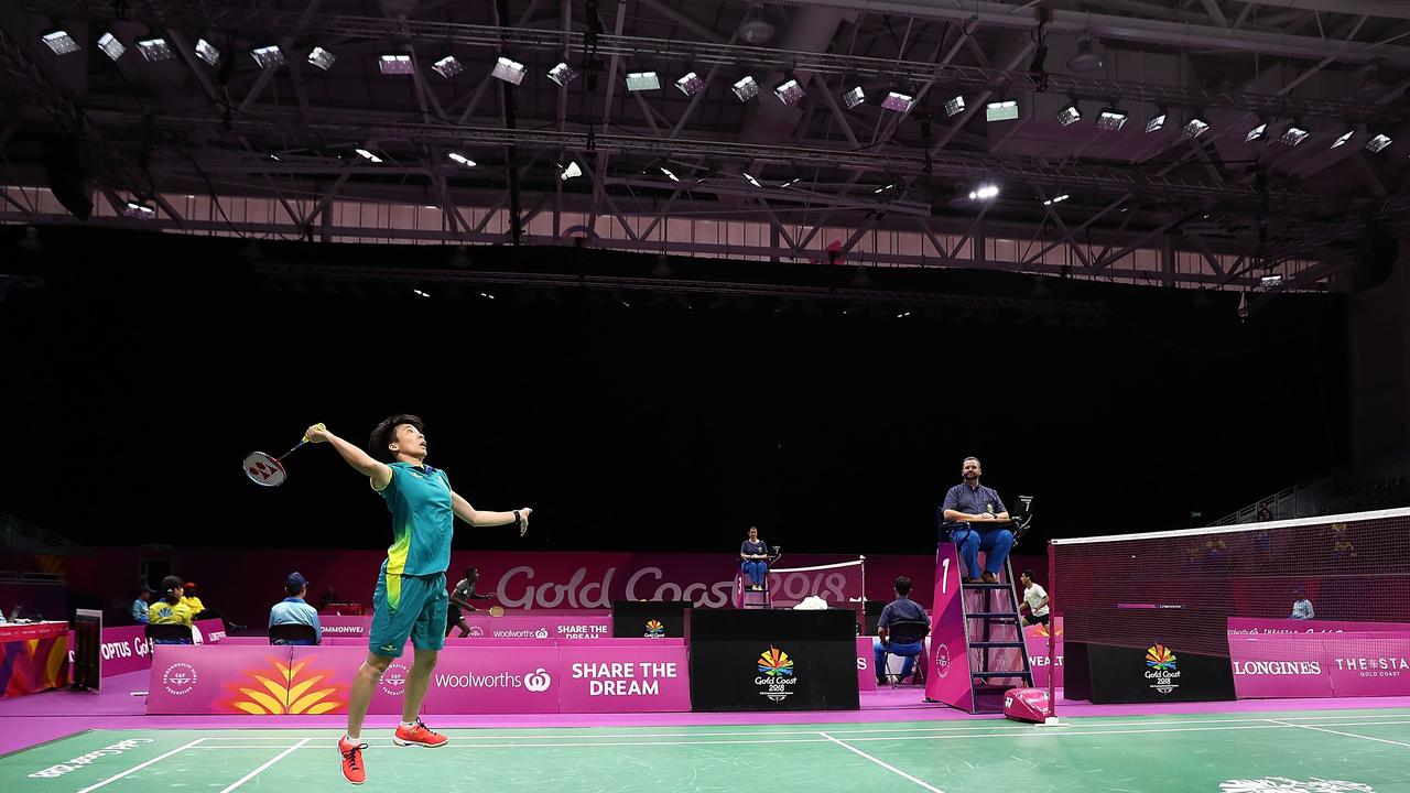 98: Australia’s Hsuan-Yu Wendy Chen stretches as she plays a shot in her Women's Singles Round of 32 match against Zoe Morris of the Falkland Islands during Badminton on day seven of the Games. Picture: Getty.