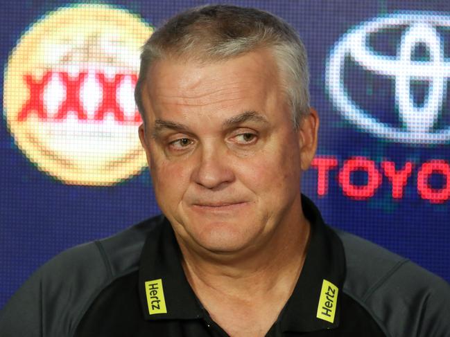 Anthony Griffin at the press conference after the fateful loss to the Cowboys. Picture: AAP