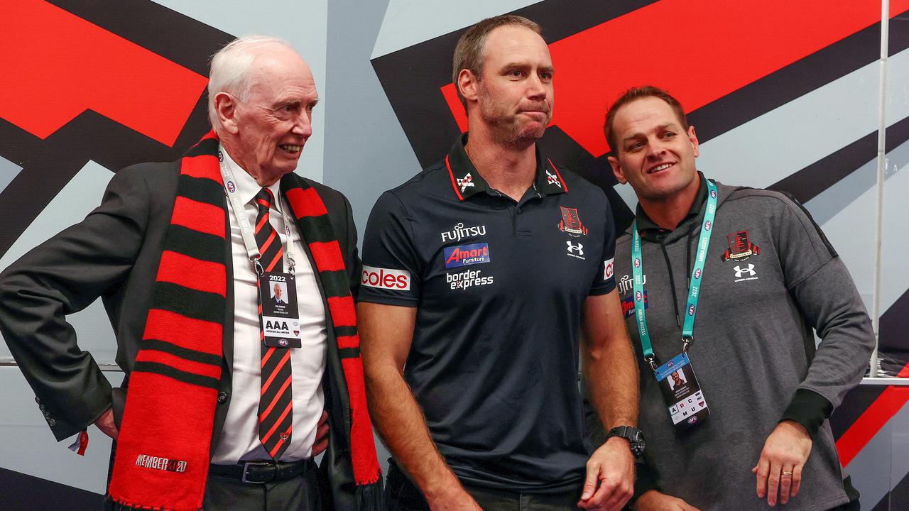 Former Essendon president Paul Brasher, ex-senior coach Ben Rutten and footy boss Josh Mahoney. Picture: Michael Klein