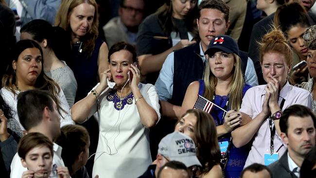 Tears flow as Clinton supporters look on in disbelief. Picture: Elsa/Getty