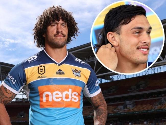 Gold Coast Titans players Kevin Proctor and Tino Fa'asuamaleaui.