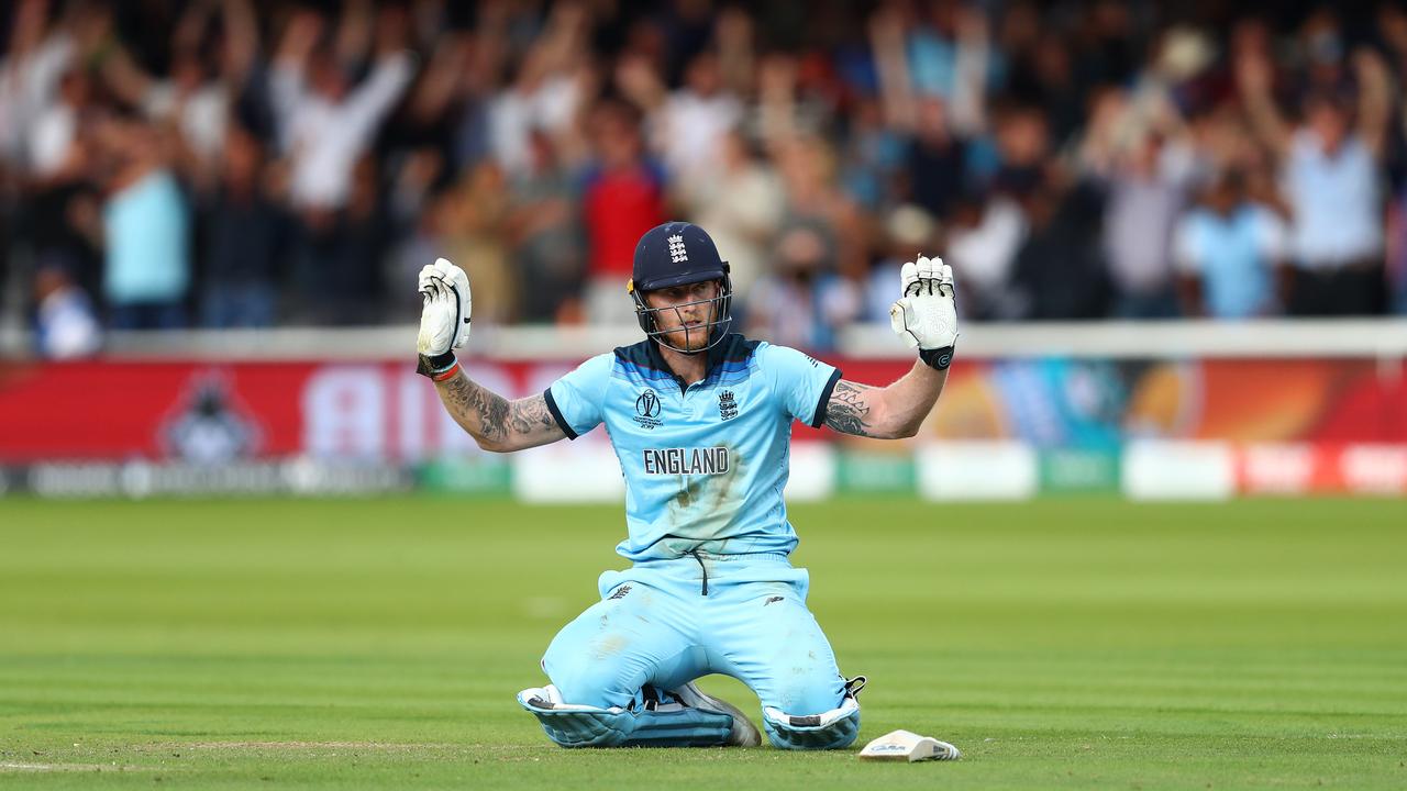 LONDON, ENGLAND - JULY 14: Ben Stokes of England reacts after an attempted run out results in four overthrows after riqocheting off his bat during the Final of the ICC Cricket World Cup 2019 between New Zealand and England at Lord's Cricket Ground on July 14, 2019 in London, England. (Photo by Michael Steele/Getty Images)