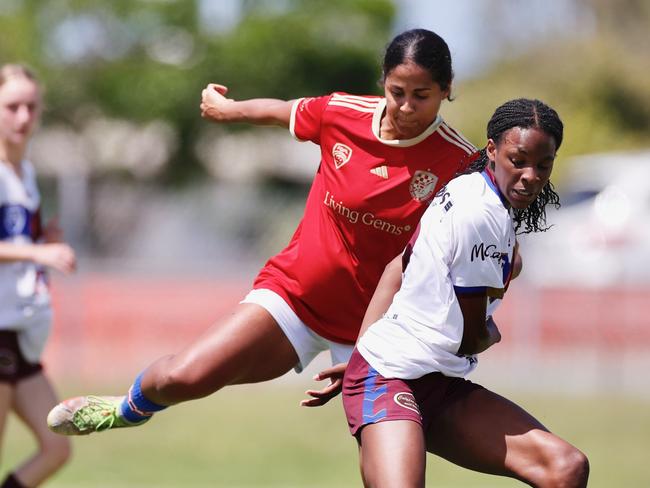 The Gold Coast Knights clash with MA Olympic in the FQPL Women’s Champions League final. Picture: Sharon Woodward.