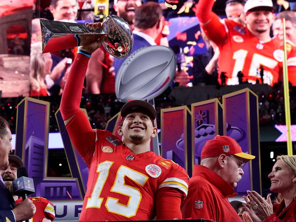 Patrick Mahomes celebrates the Chiefs’ win in Super Bowl LVIII last year. Picture: TIMOTHY A. CLARY / AFP