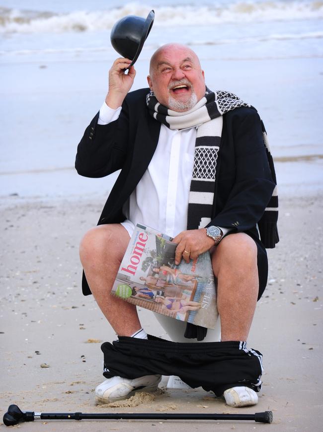 SA artist Andrew Baines had volunteers sit on toilet seats on Henley Beach, dressed in suits and bowler hats while reading The Advertiser newspaper for his artwork 'The Coalition of the Constipated'. Radio announcer Bob Francis. Picture: File