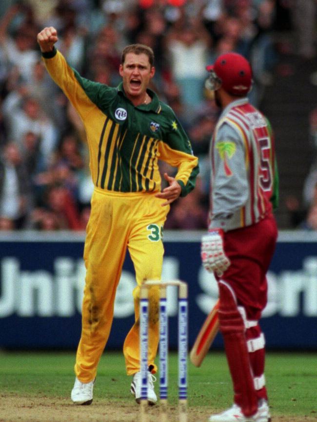 The captain of Pembroke’s greatest team, Tom Moody, removing West Indies batsman Jimmy during a One-Day International in 1996.