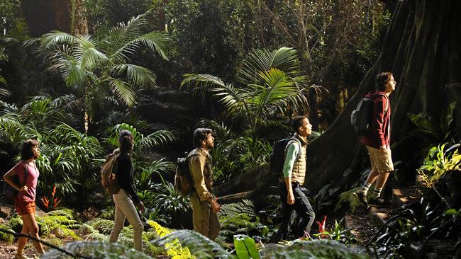 Isabela Moner, Madeleine Madden, Eugenio Derbez, Jeff Wahlberg and Nicholas Coombe in a scene from the movie Dora and the Lost City of Gold. Supplied by Paramount Pictures. Picture: Vince Valitutti