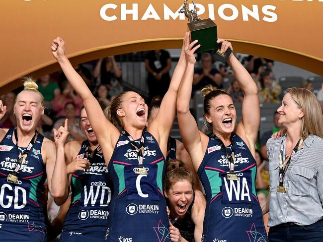 BRISBANE, AUSTRALIA - OCTOBER 18: The Vixens celebrate victory after the 2020 Super Netball Grand Final match between the Melbourne Vixens and the West Coast Fever at Nissan Arena on October 18, 2020 in Brisbane, Australia. (Photo by Bradley Kanaris/Getty Images)