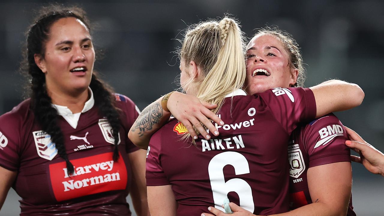 Play was allowed to continue as Kelly stayed down, with Tazmin Gray scoring the very next set for the Maroons. Picture: Mark Kolbe/Getty Images