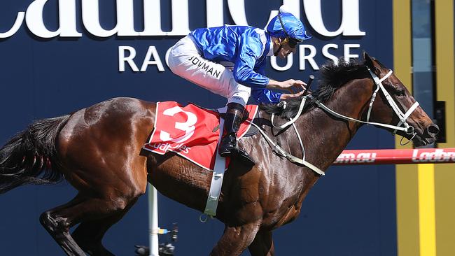 Winx secured her 12th straight win with an easy victory in the Caulfield Stakes. Picture: Ian Currie