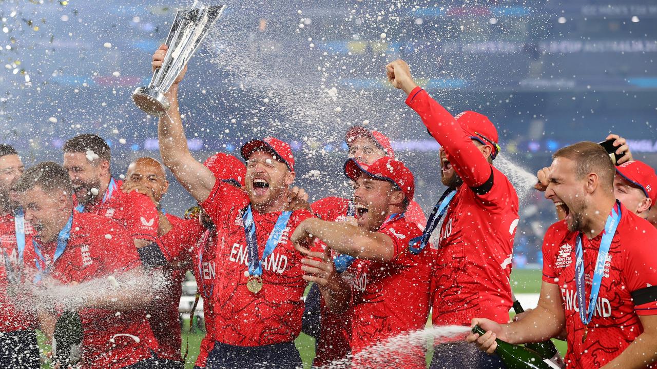 England players celebrate their T20 World Cup win at the MCG. Picture: Getty Images