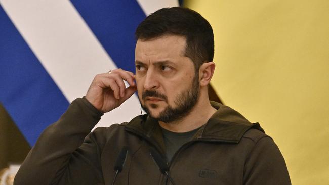 Ukraine's President Volodymyr Zelensky listens during a joint news conference with Greece's President in Kyiv on Thursday. Picture: AFP