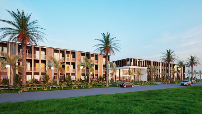 MiHaven is constructing 183 self-contained apartments for short-term accommodation at the Cairns Airport business precinct. A rendered image of the final product showing stage 3’s student accommodation. Picture: Supplied.