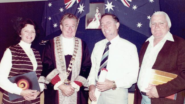 Gold Coast councillors in 1980: Ald Betty Diamond, Mayor Keith Hunt, Chairman Denis O'Connell and Ald John Laws. supplied photo.