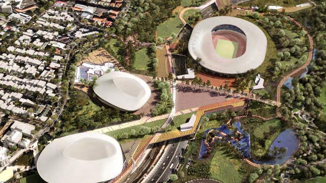 How the proposed Brisbane Stadium, new National Aquatic Centre and Brisbane could look.