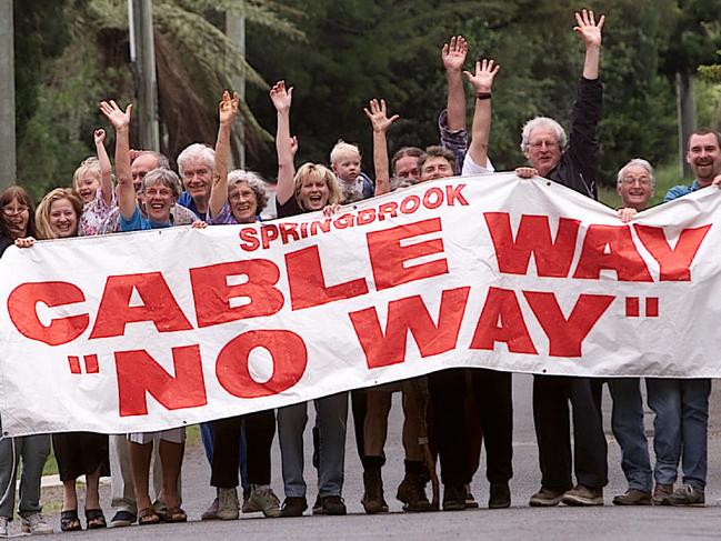 D/I Nov 08 2000 G/C - Naturelink Cableway  victory  - Conservationists and Springbrook residents at Purlingbrook. PicAdam/Ward.  signs banners demonstrations qld environmental conservation