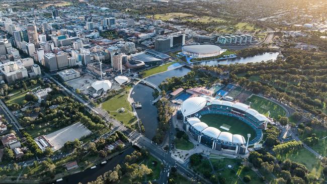 An aerial view showing the arena and Adelaide Oval