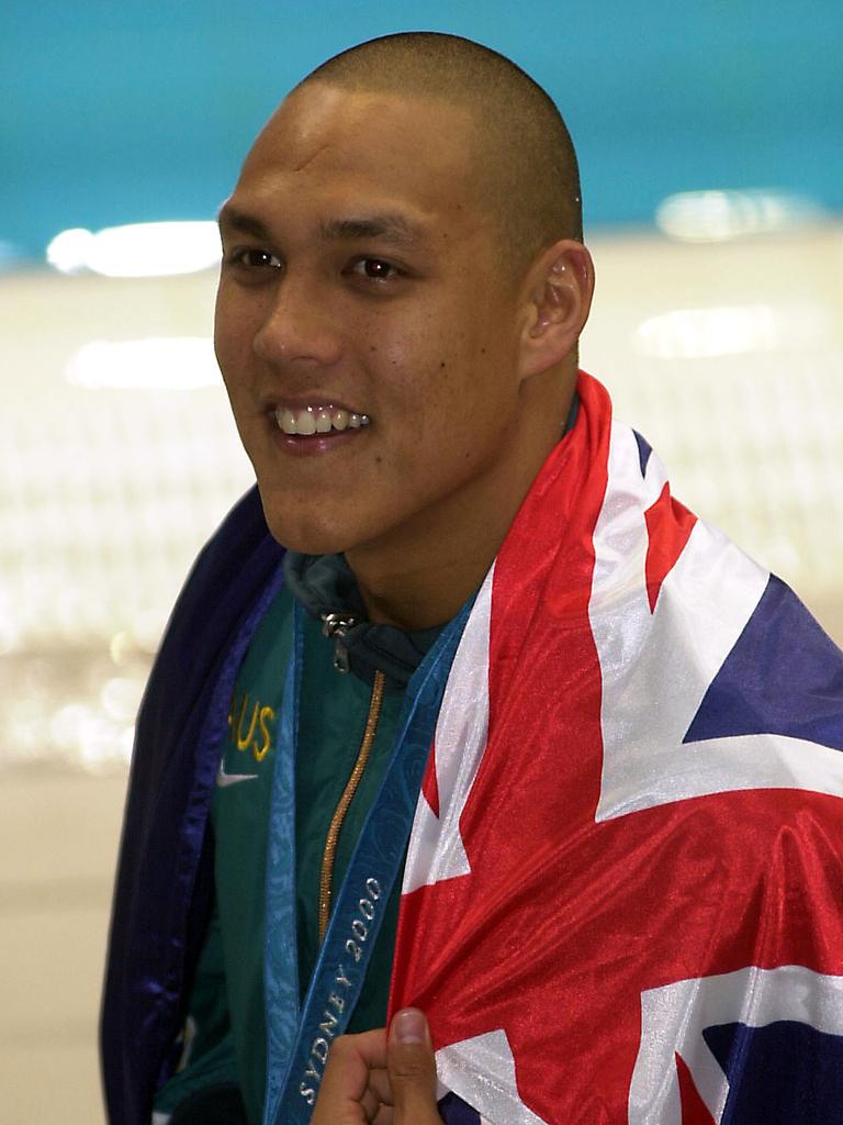 Geoff Huegill after winning bronze at the Sydney Olympics. Picture: AAP Photo/Julian Smith