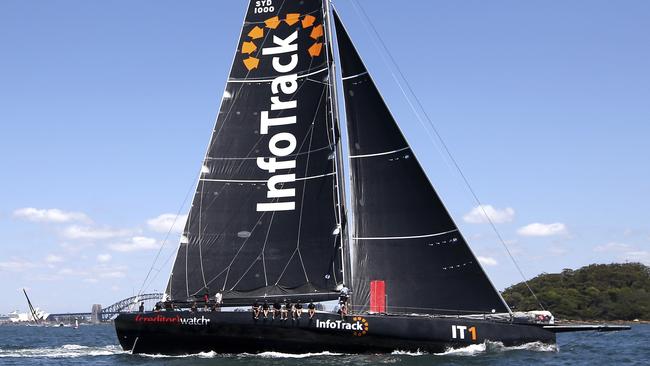 Maxi yacht InfoTrack manoeuvres before the start of the Big Boat Challenge. Pic: AP