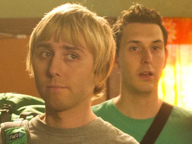 Scene from film The Inbetweeners 2, in which English friends backpack through Australia. L-R: Joe Thomas (as Simon), James Buckley (as Jay), Blake Harrison (as Neil) and Simon Bird (as Will)