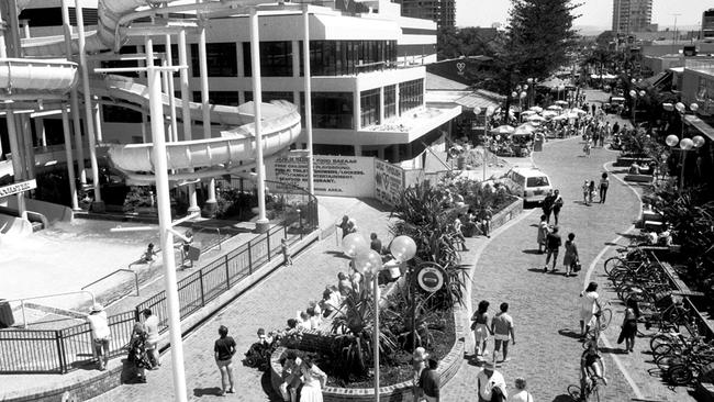 1981: Cavill Mall was a far cry from a nightclub precinct, the second stage of the Paradise Centre was yet to be built. Pictured here is the dining areas and Grundys slides. Supplied by Gold Coast Local Studies Library.