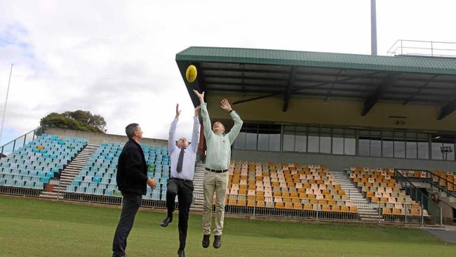 ON THE BALL: Lismore Council's general manager Gary Murphy, Member for Page Kevin Hogan and mayor Isaac Smith welcomed the fast tacking of $3M upgrade funding for Oakes Oval. Picture: Alison Paterson