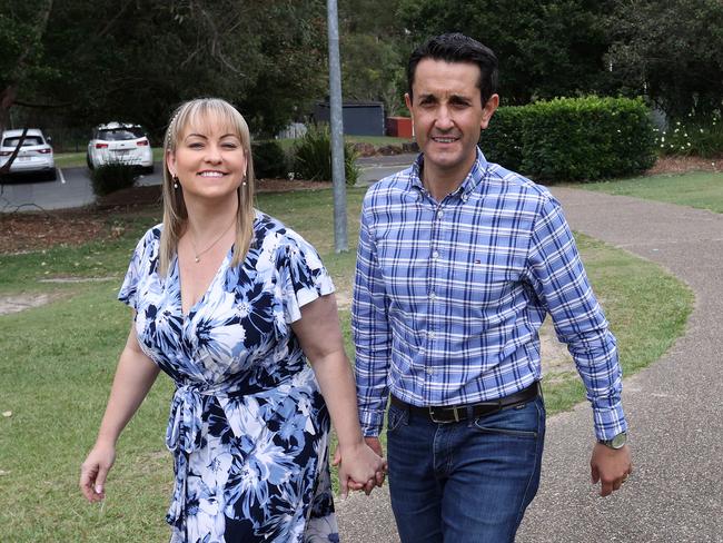 QLDVOTES24 Leader of the Opposition David Crisafulli with wife Tegan, voting at Springwood State High School. Picture: Liam Kidston