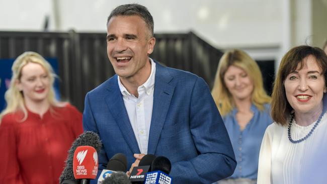 Labor leader Peter Malinauskas with new MPs, from left, Lucy Hood, Erin Thompson and Susan Close, in Adelaide on Sunday. Picture: Roy VanDerVegt