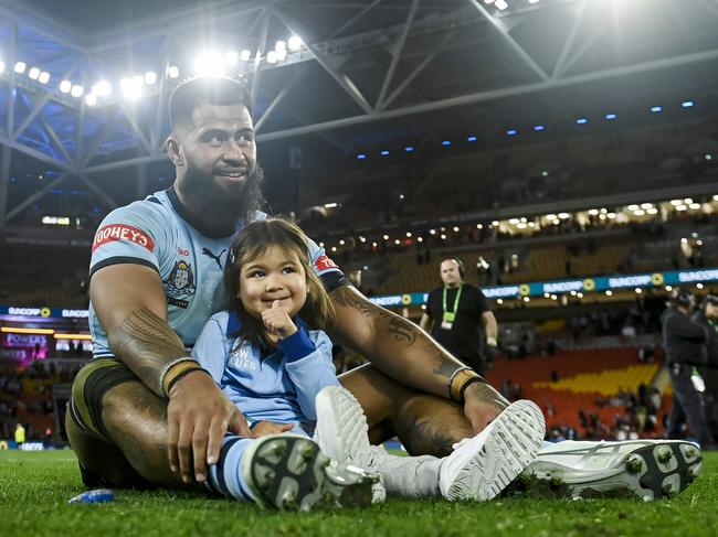 Payne Haas with daughter Lalita. Picture: NRL Photos/Gregg Porteous