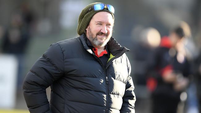 Riddell coach Justin Belleville during the RDFL football match between Riddell and Woodend-Hesket in Riddells Creek, Saturday, June 26, 2021. Picture: Andy Brownbill