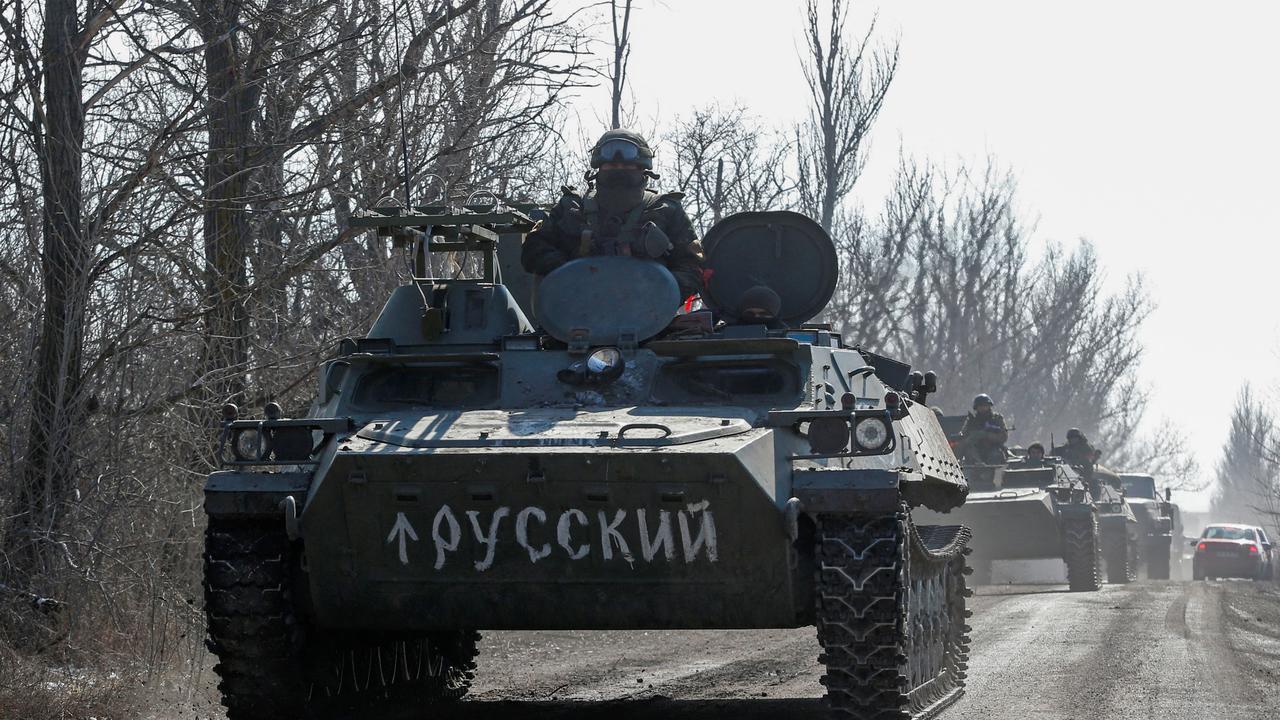 An armoured convoy of pro-Russian troops during Ukraine-Russia conflict outside the separatist-controlled town of Volnovakha in the Donetsk region, Ukraine. Picture: Reuters/Alexander Ermochenko