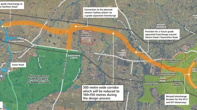 The Federal Government's preferred route for the M12 Motorway between the M7 at Cecil Hills and The Northern Rd at Luddenham, with an interchange at Badgerys Creek Airport.