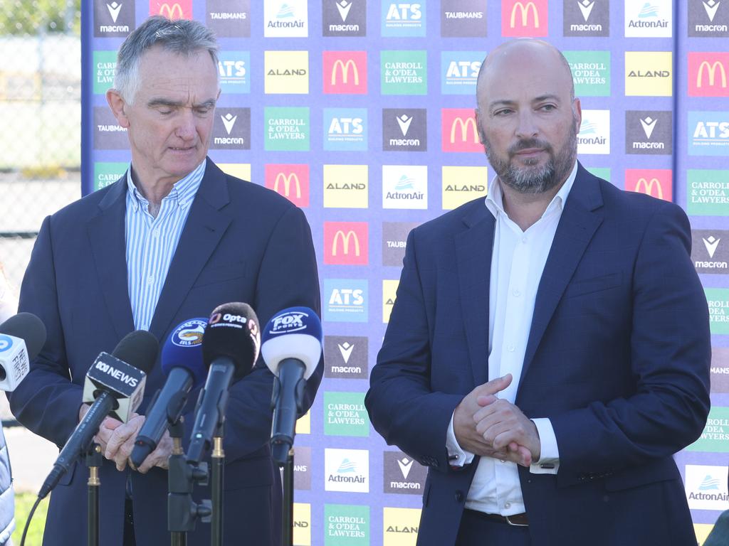 Parramatta Eels chair Sean McElduff (left) and CEO Jim Sarantinos (right) at the Parramatta Eels training facilities in Kellyville. Picture: Rohan Kelly