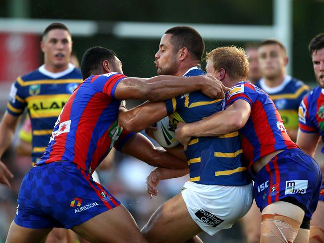 NEWCASTLE, AUSTRALIA - FEBRUARY 24:  Jarryd Hayne of the Eels is tackled during the NRL Trial Match between the Newcastle Knights and the Parramatta Eels at Maitland No 1 Showground on February 24, 2018 in Newcastle, Australia.  (Photo by Tony Feder/Getty Images)