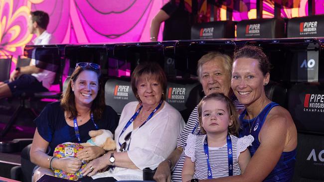 Sam Stosur and partner Liz Astling with their daughter Evie. Picture: Tennis Australia