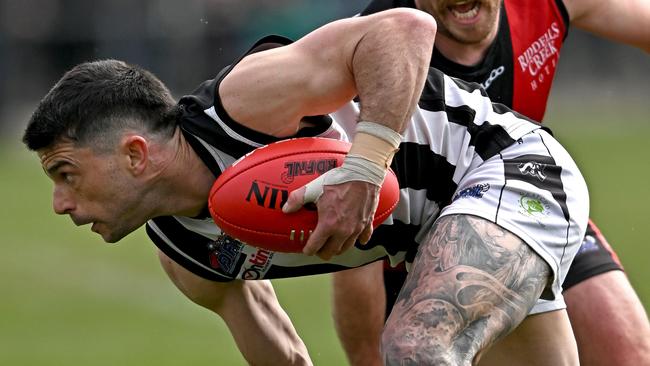 WallanÃs Corey Viani during the ERDFNL Riddell v Wallan Qualifying 2 football match in Romsey, Saturday, Aug. 31, 2024. Picture: Andy Brownbill