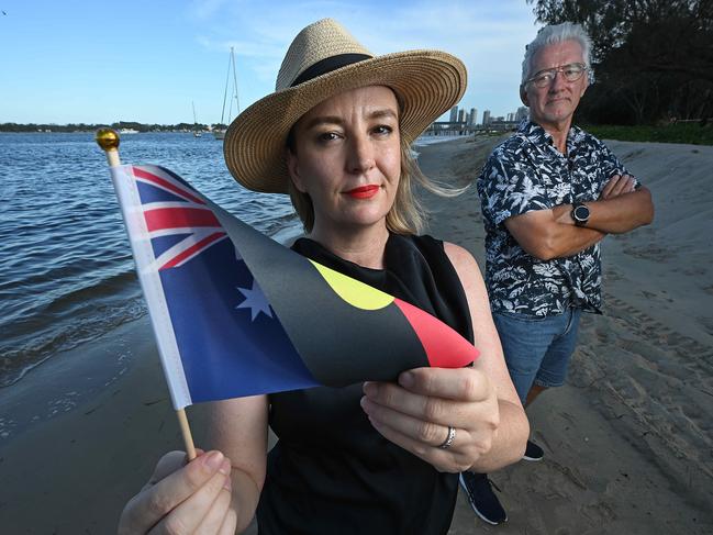 22/12/2025: Gold Coast Cr. Brooke Patterson holding the combination flag she has had changed with David Keys, who notified her of the flag, on the beach at South Port, Gold Coast. pic: Lyndon Mechielsen/The Australian