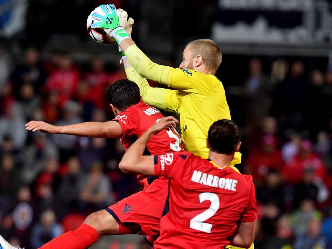 Sydney FC goalkeeper Andrew Redmayne claims the ball. Picture: AAP