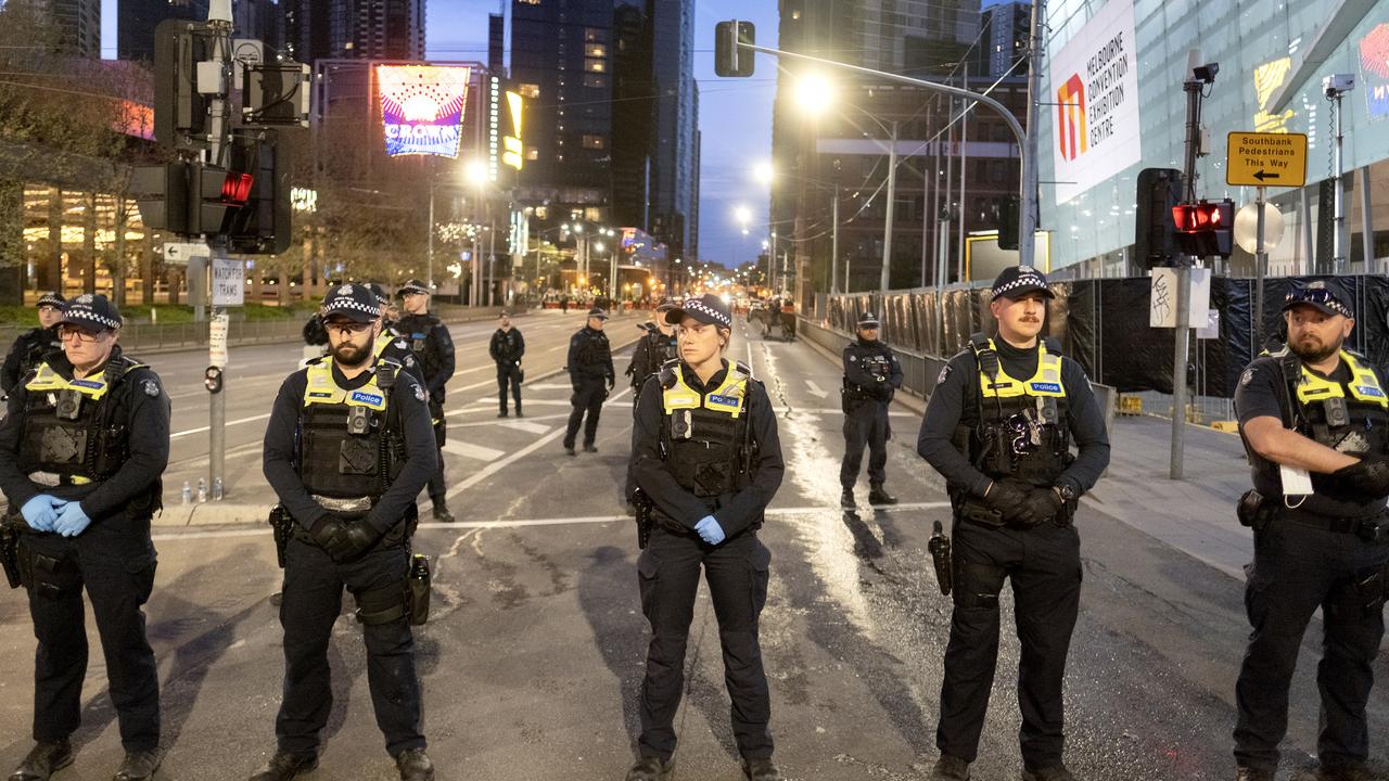 Police had been prepared for protesters to surround the exhibition centre, but a heated clash broke out after protesters began moving towards a major intersection. Picture: NewsWire / Luis Enrique Ascui