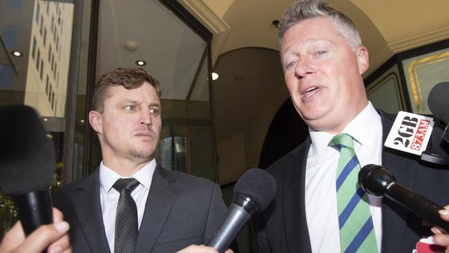 Brett Finch, with his lawyer Paul McGirr, after being sentenced this week. Picture: NewsWire/Monique Harmer