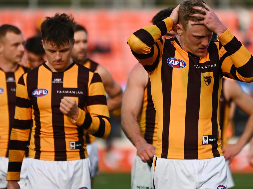 CANBERRA, AUSTRALIA - AUGUST 04: James Sicily of the Hawks reacts following the round 21 AFL match between Greater Western Sydney Giants and Hawthorn Hawks at Manuka Oval, on August 04, 2024, in Canberra, Australia. (Photo by Morgan Hancock/Getty Images)