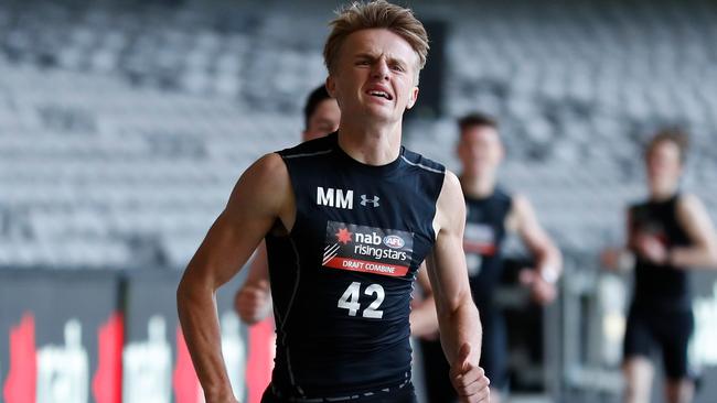 Jacob Kennerley wins the 2km time trial during the AFL Draft Combine at Marvel Stadium. Picture: Getty Images