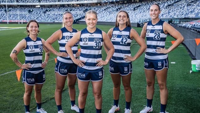 Geelong's VFLW leadership group, include Poppy Schaap, Liv Stewart, captain Mel Staunton, Abby Favell and Madi Sexton. Photo: Arj Giese