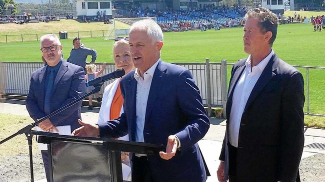 Mr Hartsuyker with Malcolm Turnbull at the funding announcement for the $13 million upgrade to C.ex Coffs Stadium. Mr Hartsuyker said he has informed the Prime Minister of his decision to leave politics. Picture: Matt Deans