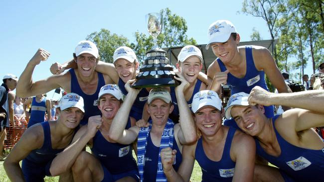 Nudgee College’s 2003 Head of the River winning crew - Michael Gordon, Andrew Thompson, Nathan Leahman, Bill Fordyce, Graham Kolb, Scott Turvey, Matt Gardiner, Tom O'Shea and Ben Stanley. Picture: Bruce Long