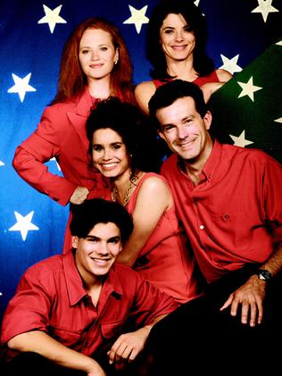 The glory days: TV personalities (bottom L) Daniel Amalm, Rhoda Roberts, Richard Morecroft, Raelee Hill and Rebecca Harris in 1994.