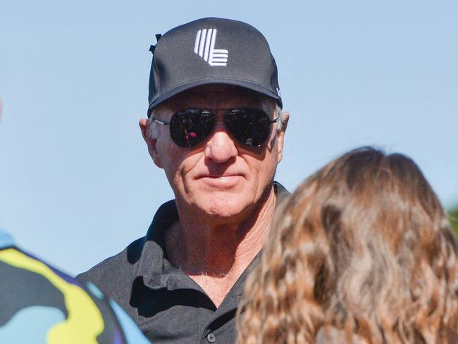 Greg Norman (C) LIV Golf CEO and Commissioner is seen on the final day of LIV Golf Adelaide at the Grange Golf Club in Adelaide on April 28, 2024. (Photo by Brenton Edwards / AFP) / -- IMAGE RESTRICTED TO EDITORIAL USE - STRICTLY NO COMMERCIAL USE --