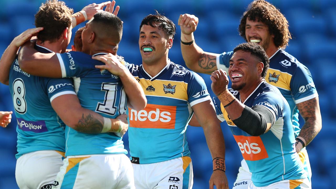 GOLD COAST, AUSTRALIA – JULY 25: Jarrod Wallace of the Titans celebrates a try during the round 19 NRL match between the St George Illawarra Dragons and the Gold Coast Titans at Cbus Super Stadium, on July 25, 2021, in Gold Coast, Australia. (Photo by Chris Hyde/Getty Images)