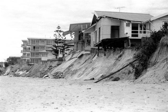 Scarping and damage to beachfront property caused by severe beach erosion on the Gold Coast, Queensland, 1967. Source: Gold Coast Libraries Local Studies Collection.