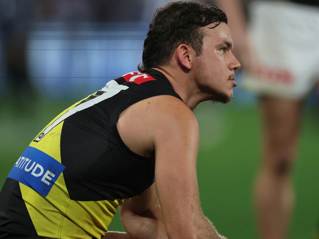 MELBOURNE, AUSTRALIA – AUGUST 03: Daniel Rioli of the Tigers looks dejected after the round 21 AFL match between North Melbourne Kangaroos and Richmond Tigers at Marvel Stadium, on August 03, 2024, in Melbourne, Australia. (Photo by Daniel Pockett/Getty Images)